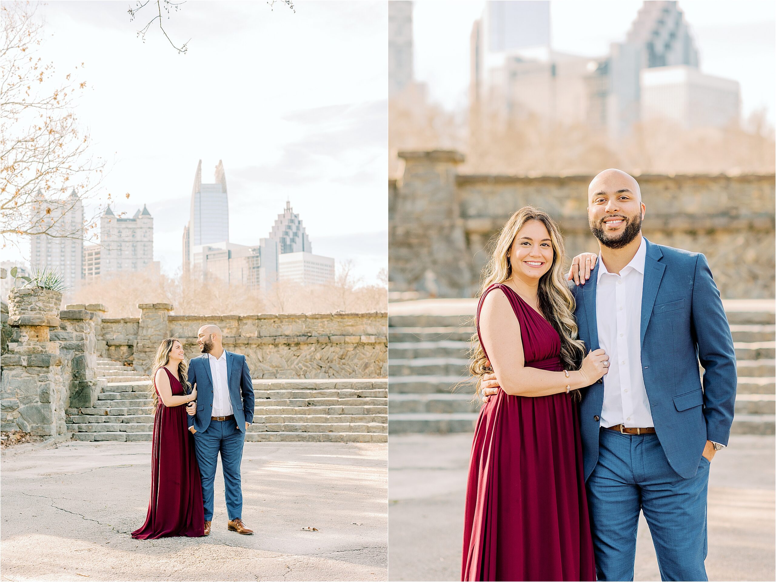 couple in piedmont park, Atlanta GA, wearing a red dress and a blue suit with a stone wall background