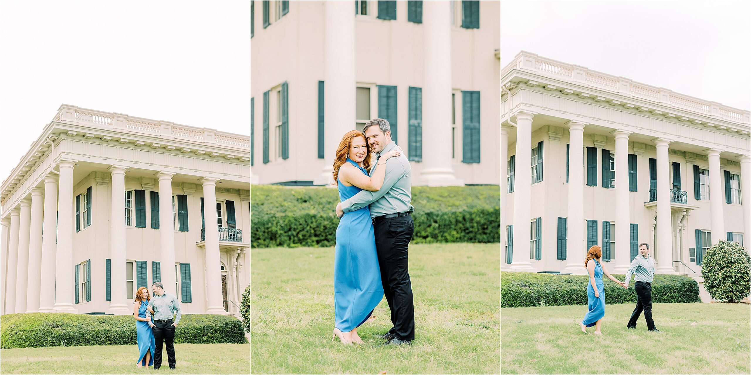 Couple embracing in front of old home 