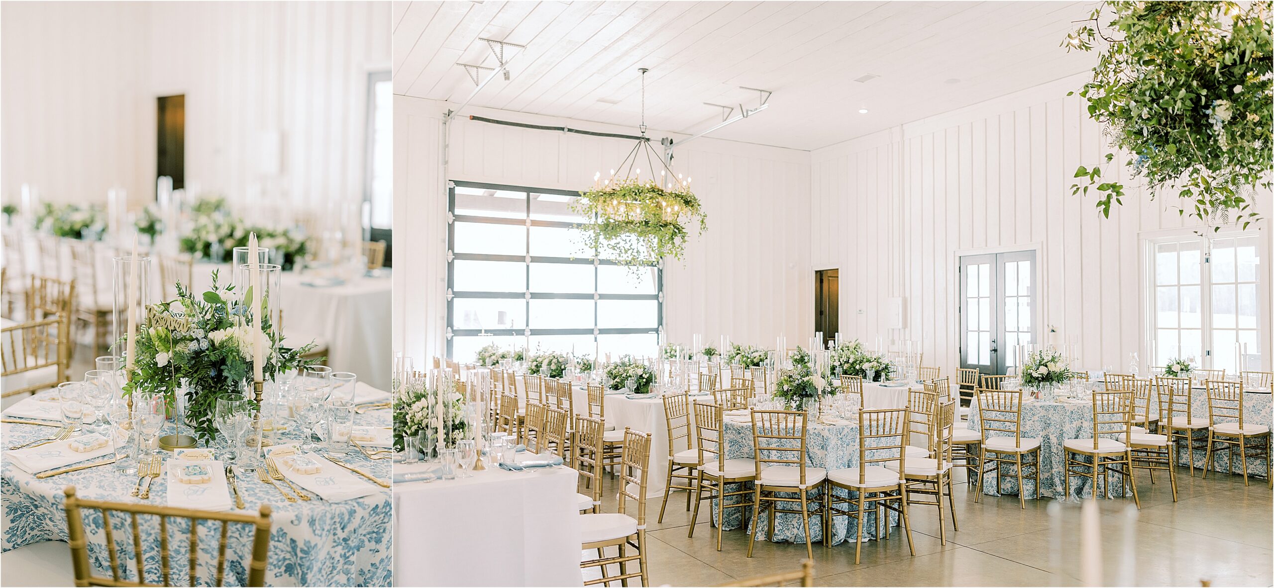 Banquet tables with gold chairs and blue and white pattern tablecloth.