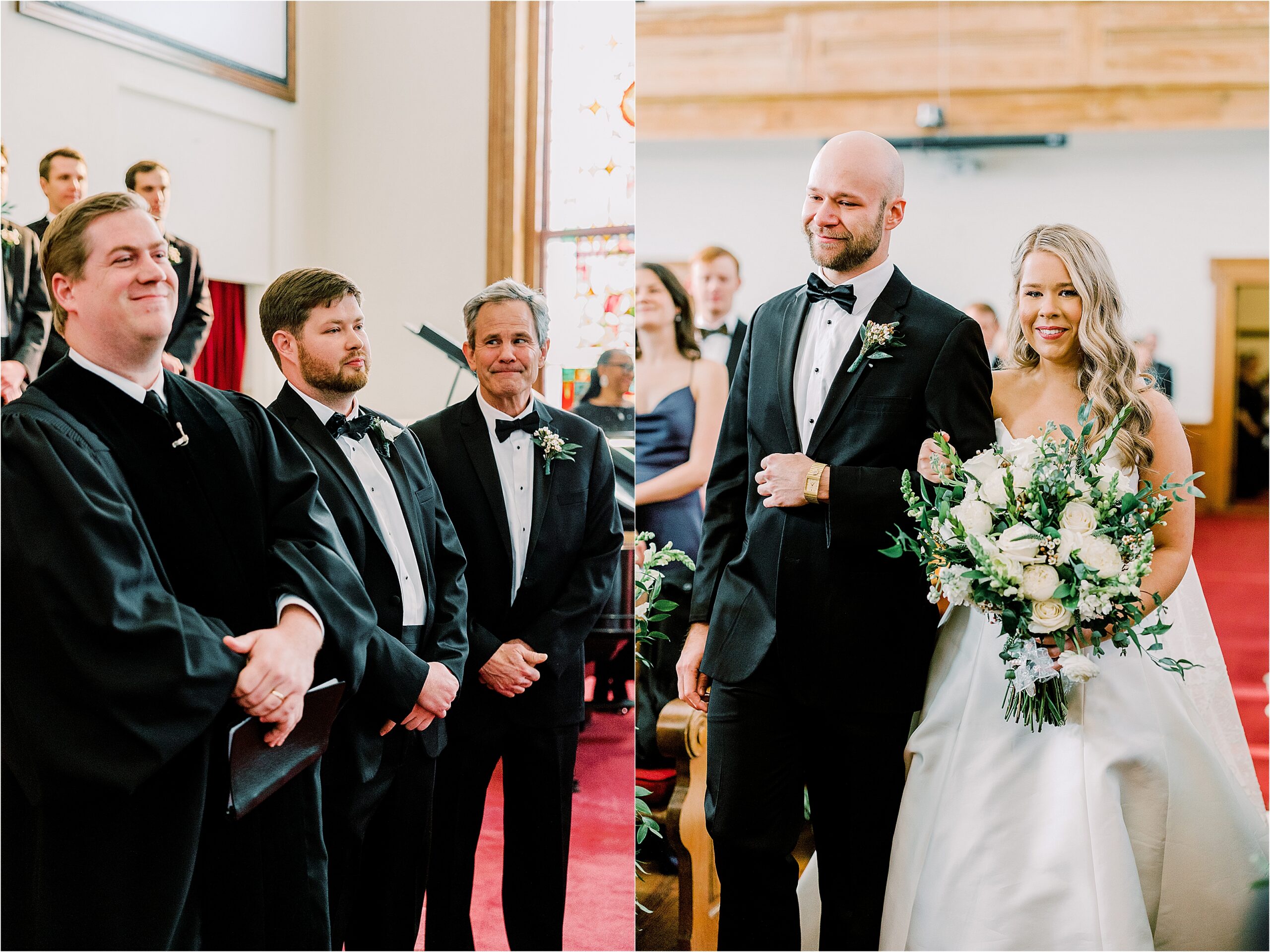 Groom in black tuxedo sees bride for the first time in church.