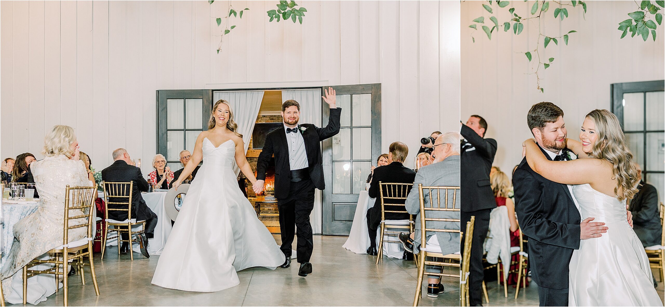 Bride and grooms first dance in white room. 