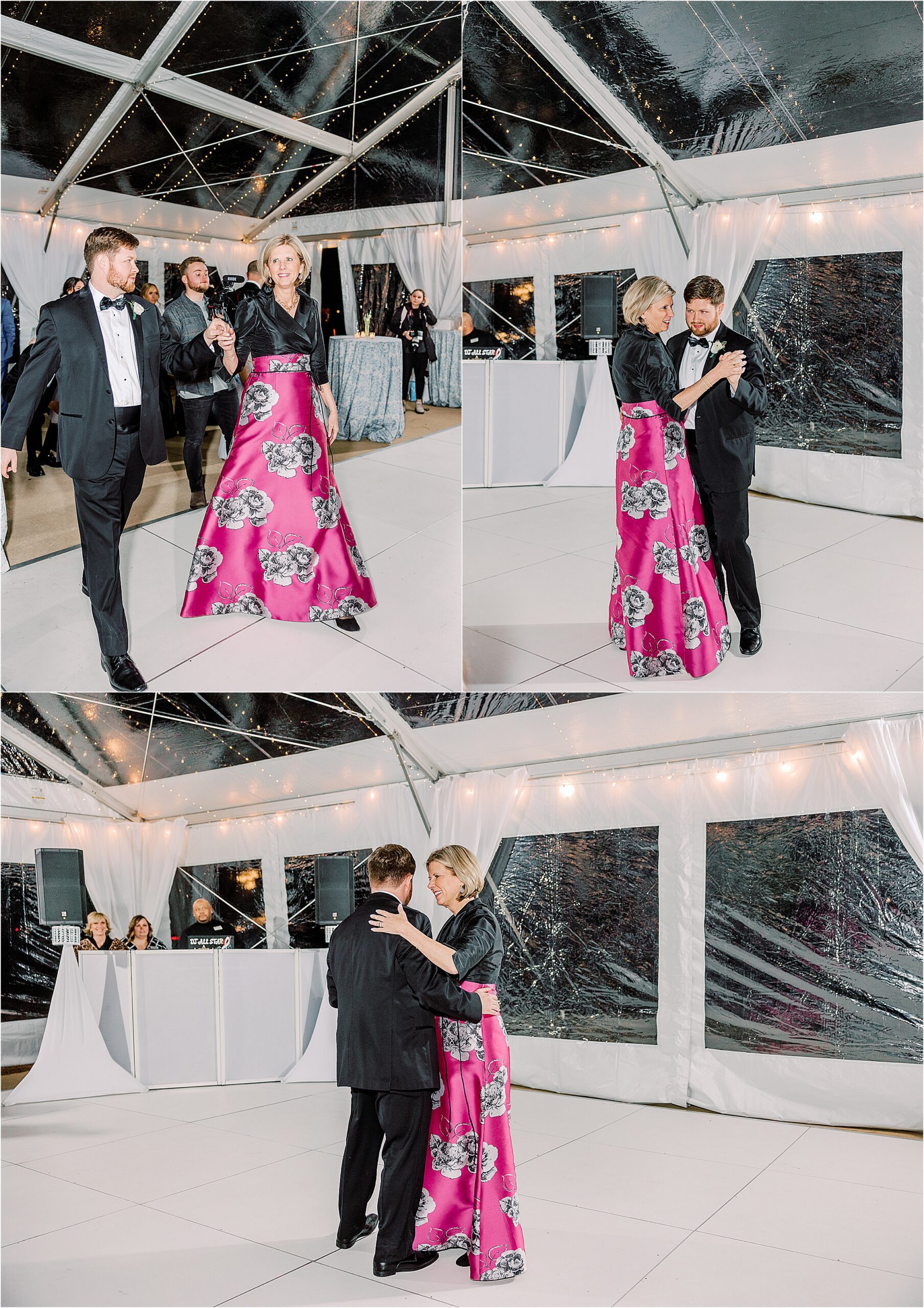 Mother in pink dress dancing with son in black tuxedo 