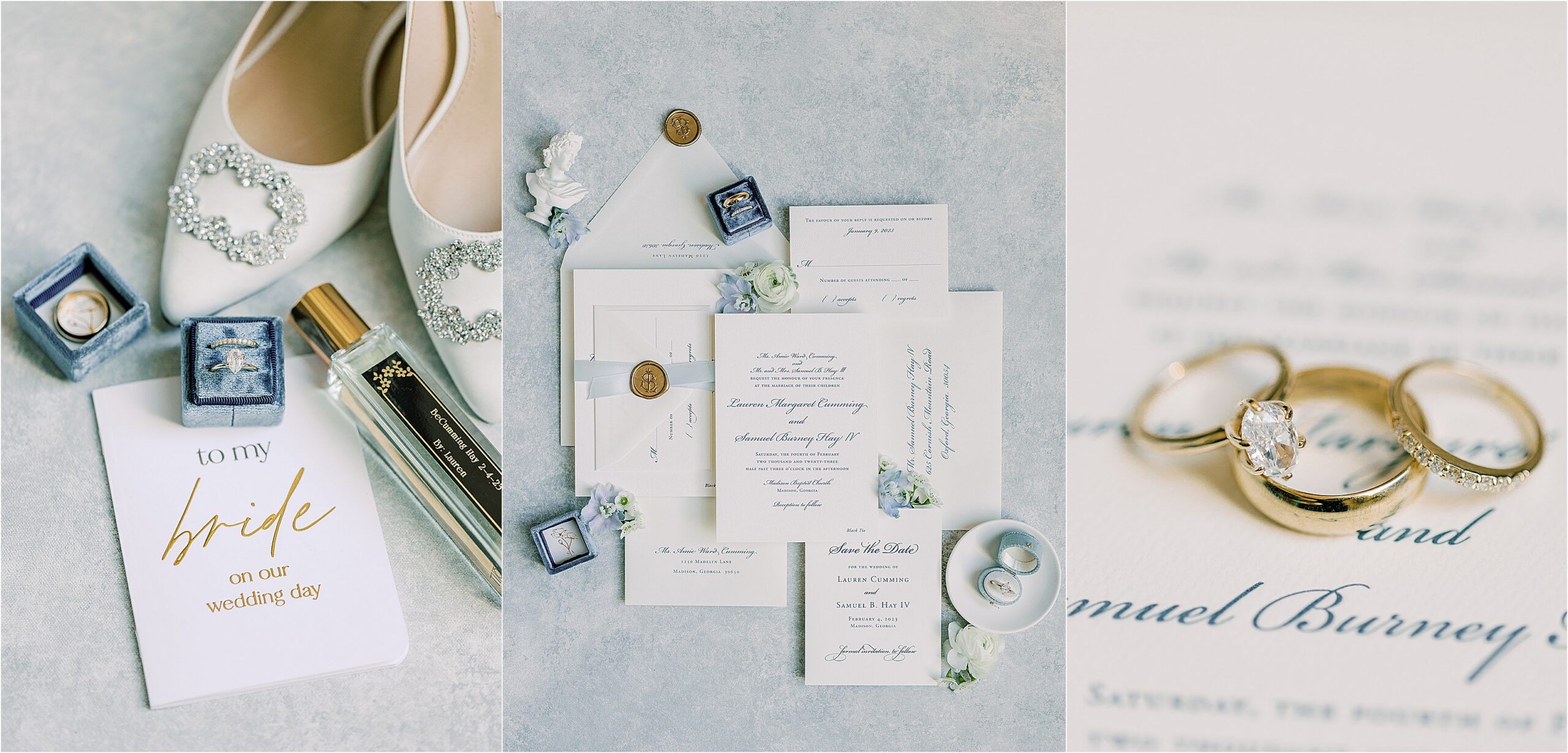 White invitation suit on a blue backdrop with wedding rings on the letters.