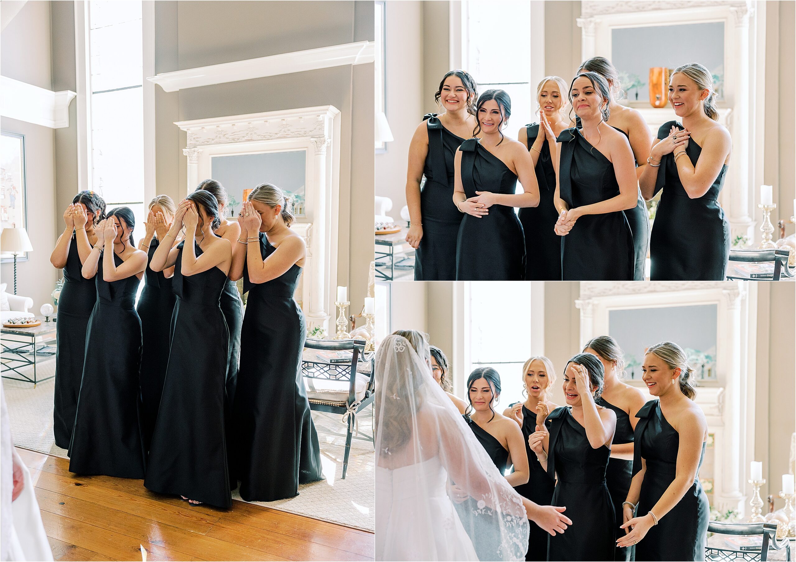 Bridesmaids in black dresses see the bride for the first time, standing in a tan room with big windows. 