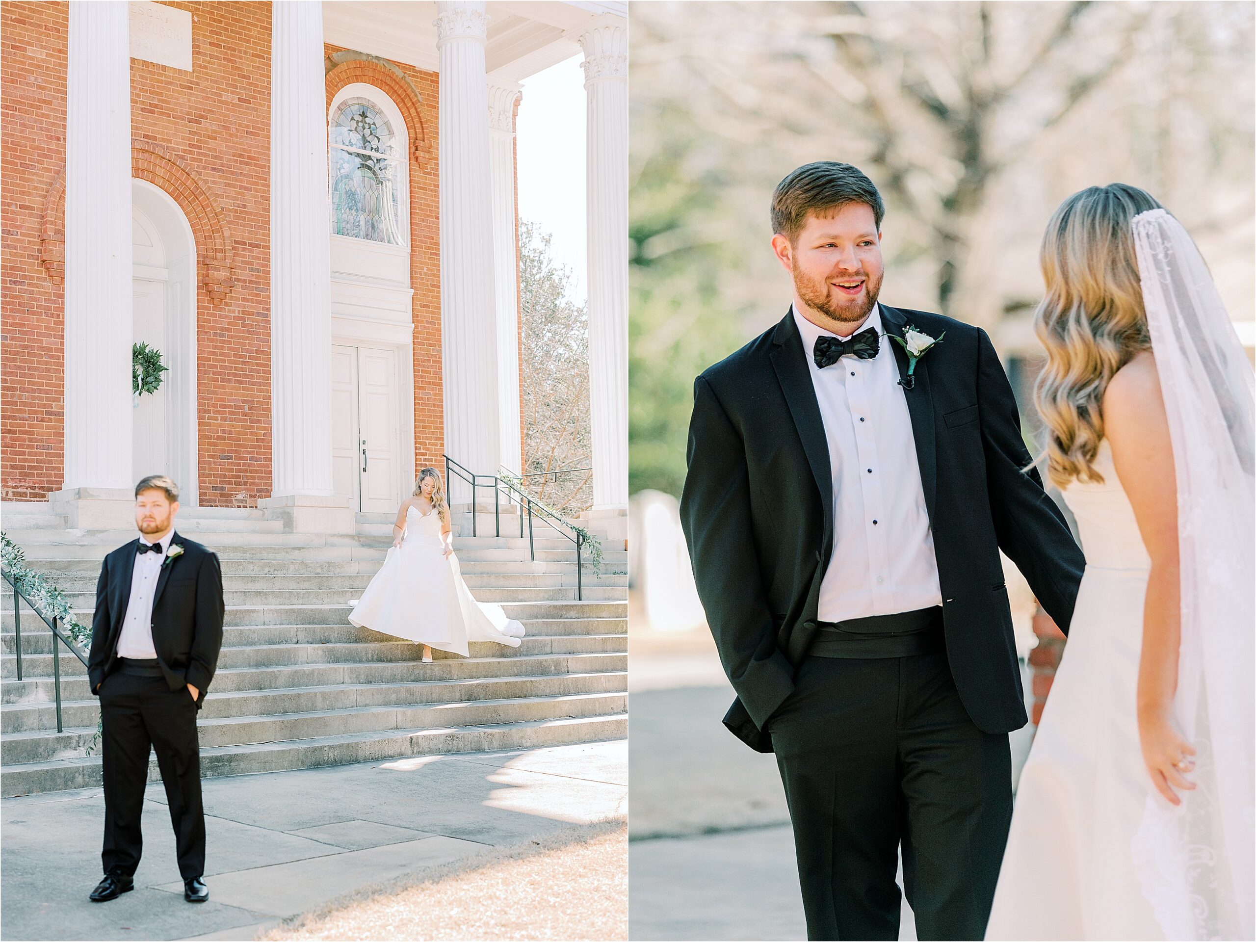 Bride walking down church steps to see her groom for the first time.