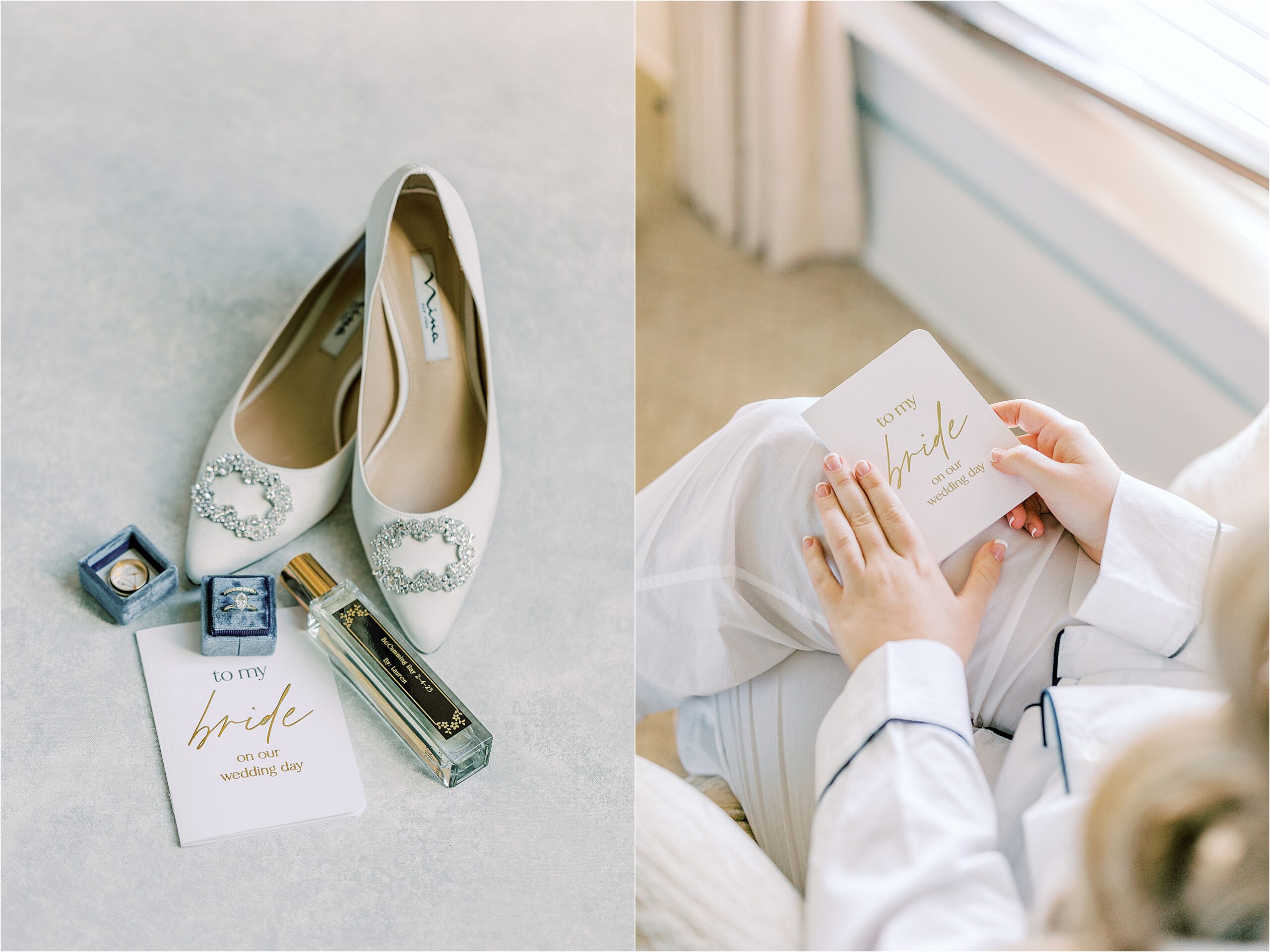 Satin wedding heels with crystal buckles on a blue backdrop, diamond ring in a blue ring box next to the perfume bottle.