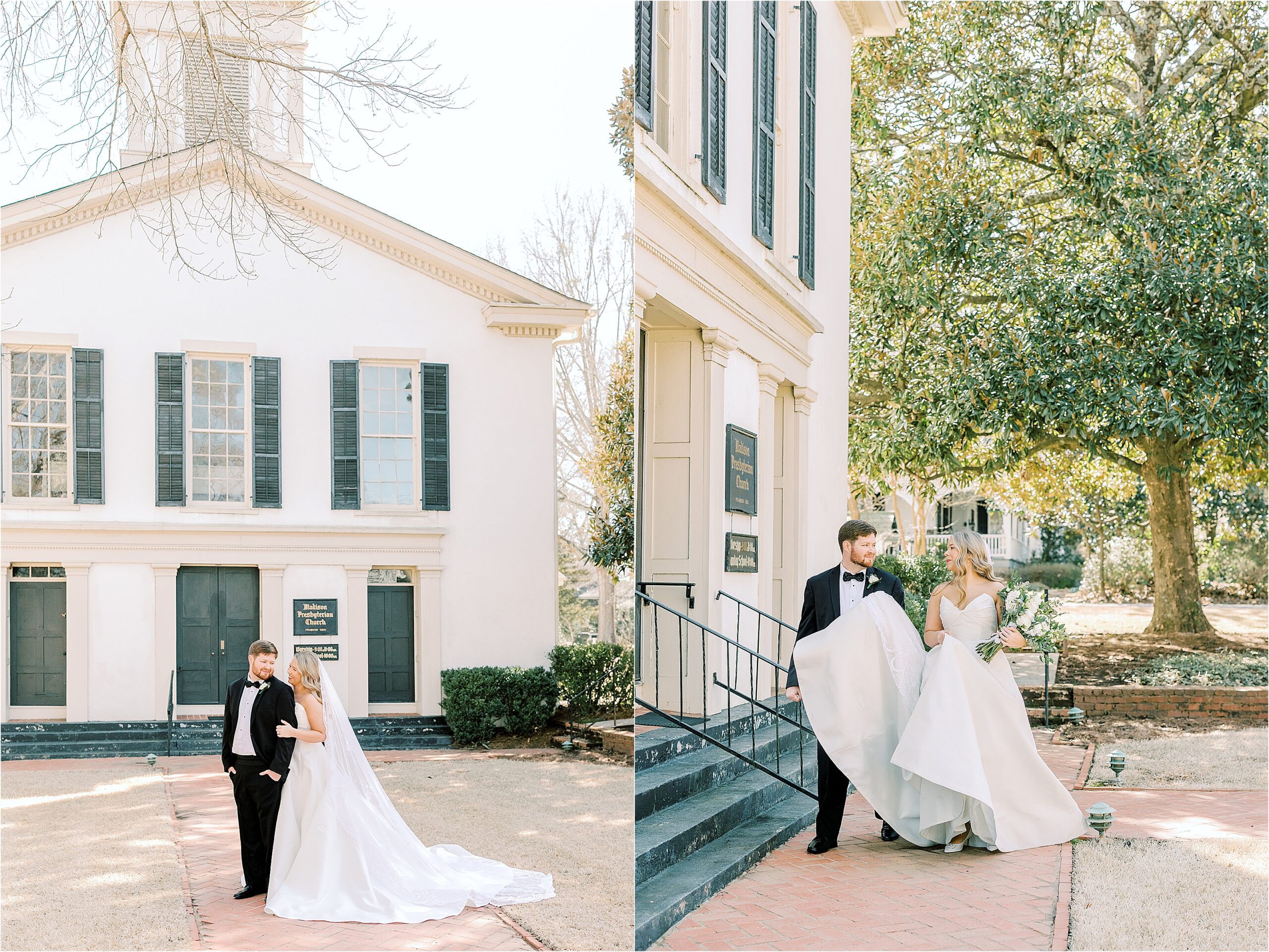 Bride in a white dress and groom in a black tuxedo in front of a white church. 