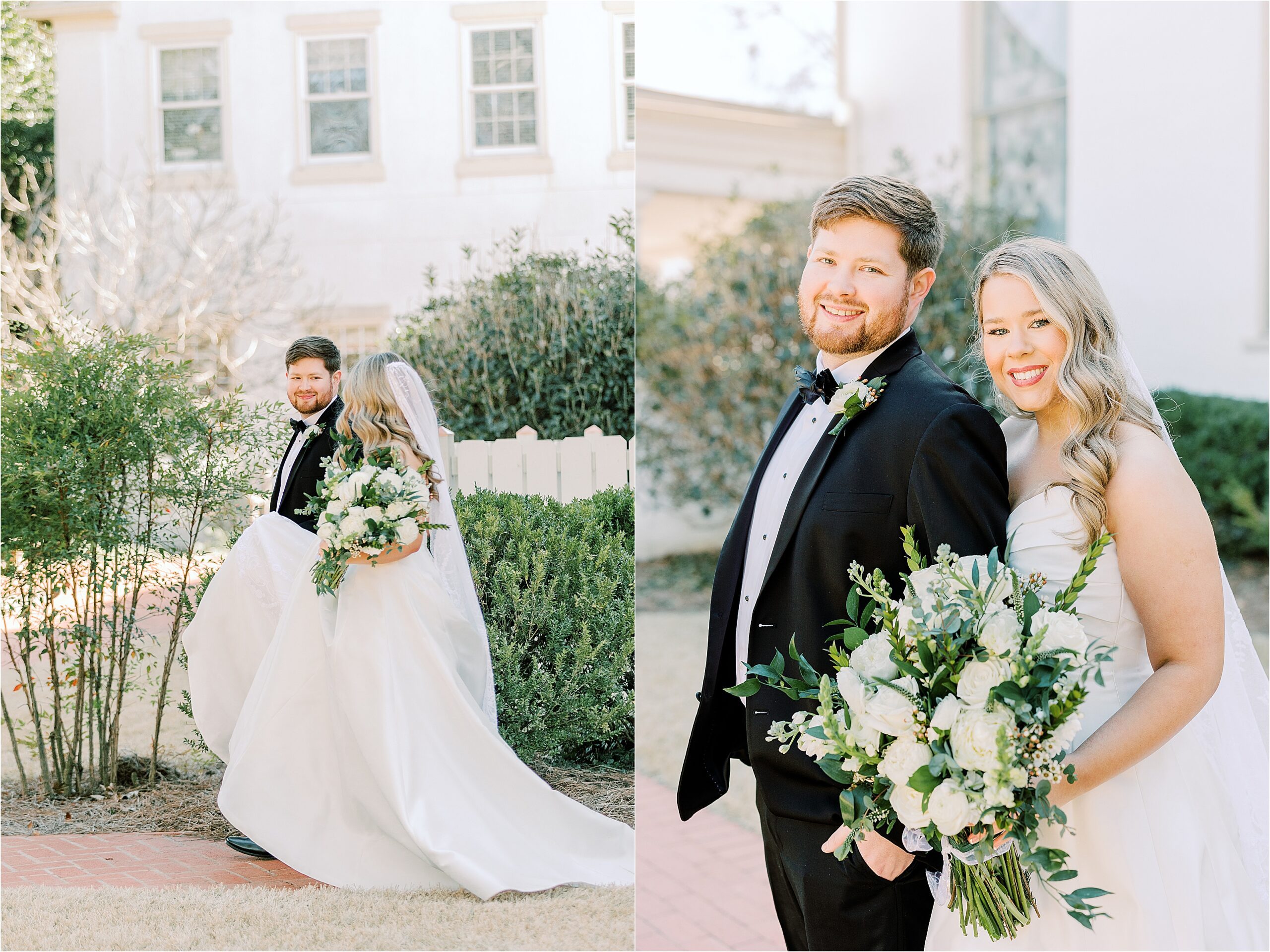 Bride in a white dress while holding flowers, and the groom in a black tuxedo walking in front of a white church.