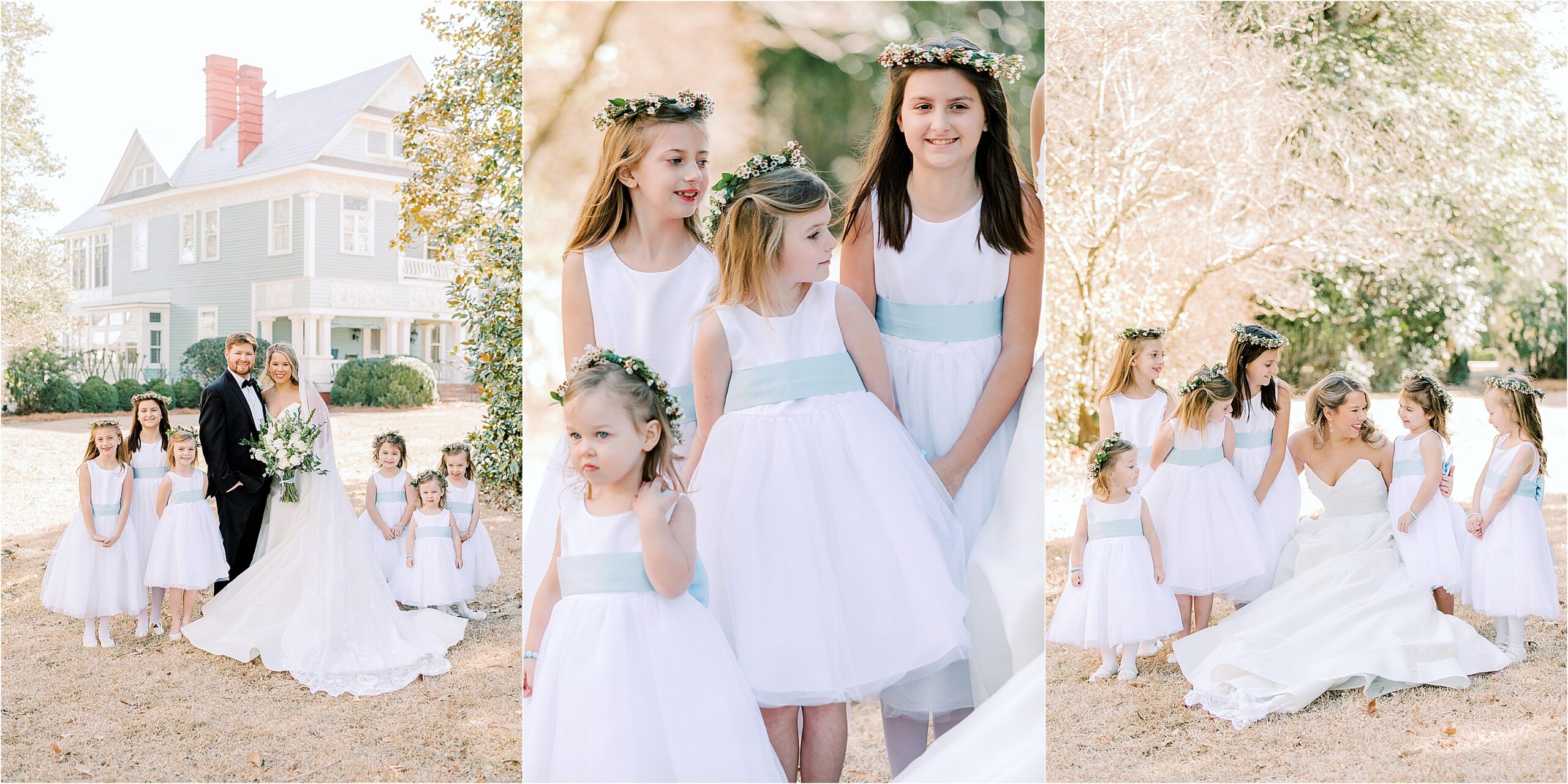 Flower girls in white dresses with blue sashes with flower crowns stand next to the bride a groom.