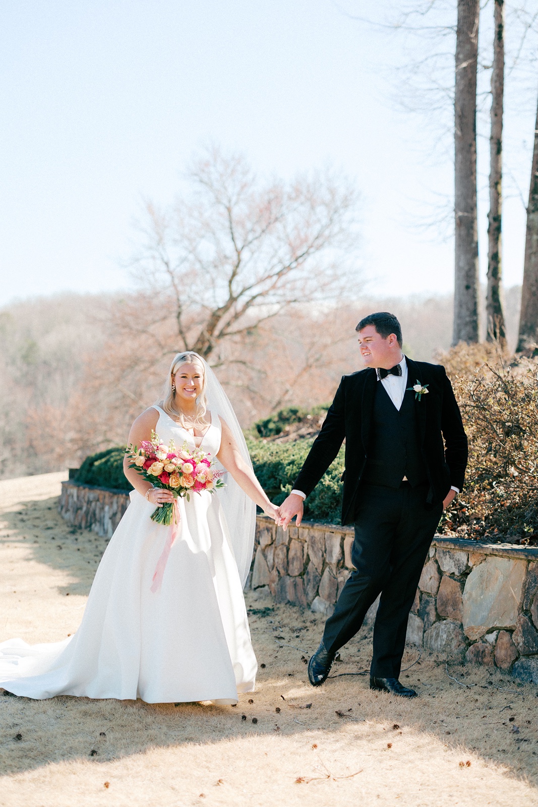 Bride and groom during their first look at Greystone Estate