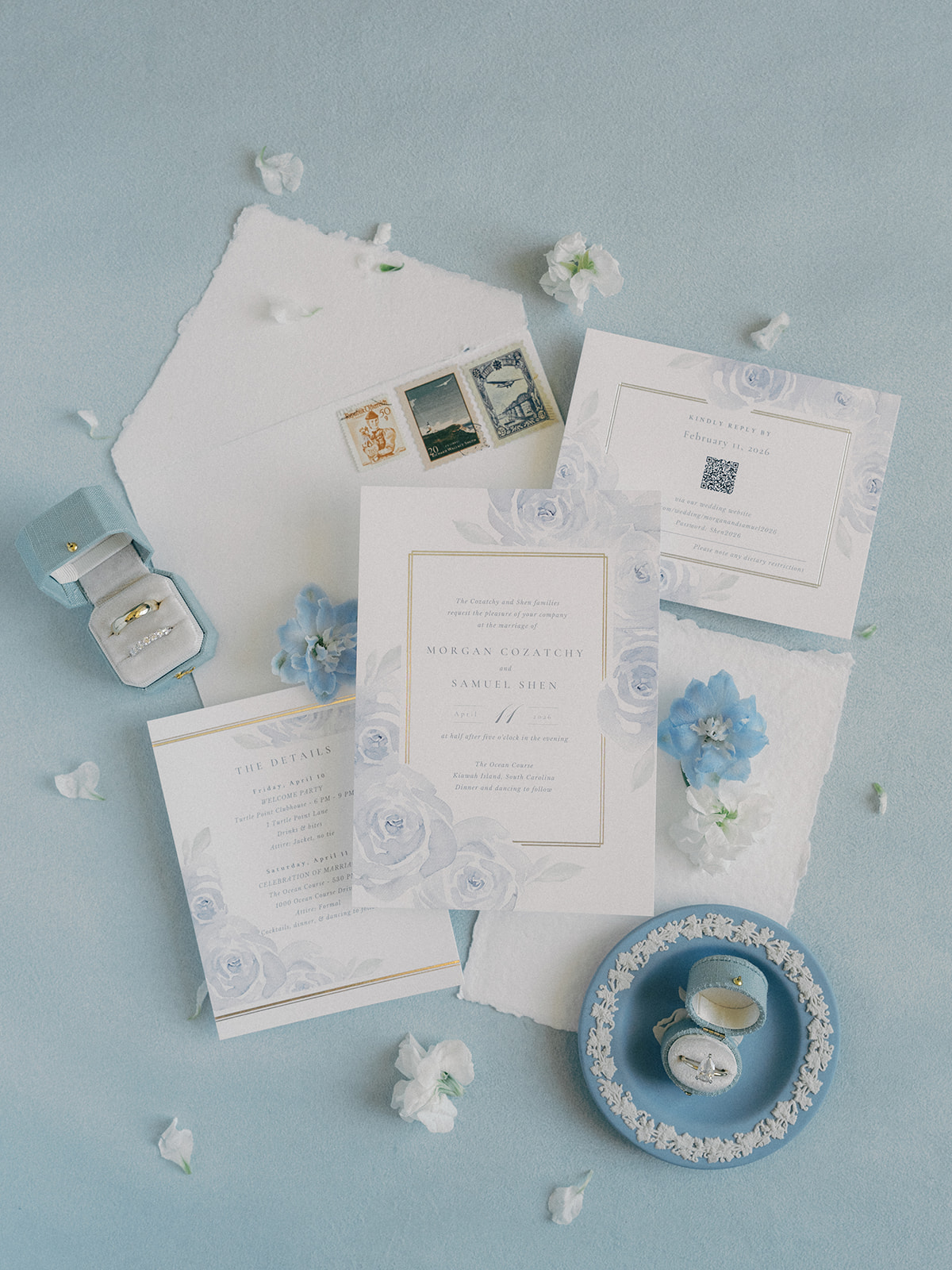 Blue and white Kiawah Ocean Course wedding invitations